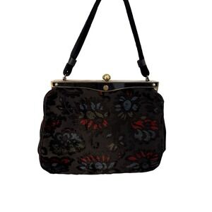 Vintage Floral Velvet Burnout Frame Bag Kiss Lock Top Handle Purse Retro 50s 60s